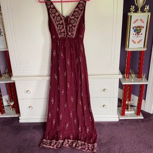 Maroon patterned maxi dress with some tie in front